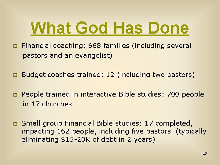 What God Has Done Financial coaching: 668 families (including several pastors and an evangelist)