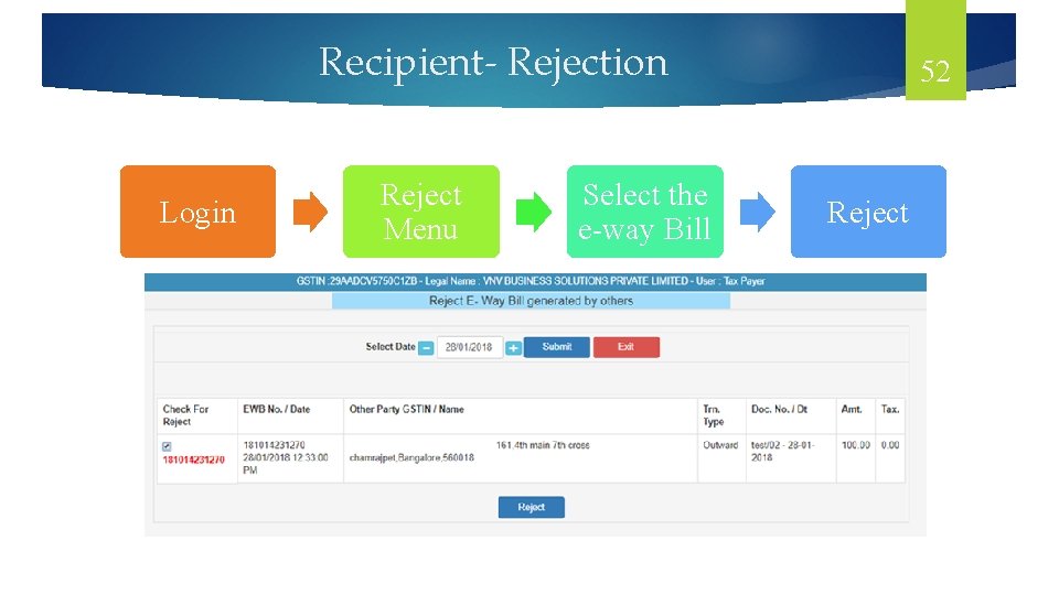 Recipient- Rejection Login Reject Menu Select the e-way Bill 52 Reject 