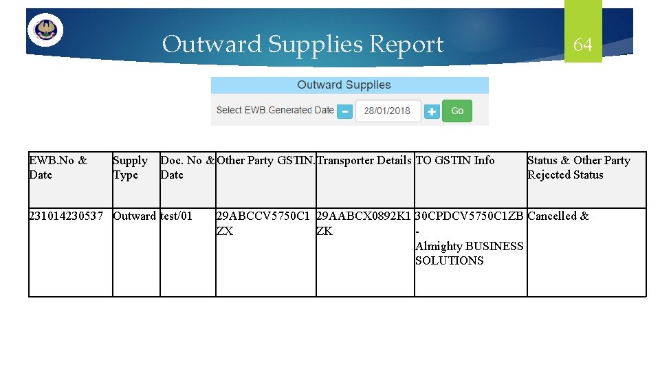 EWB. No & Date Outward Supplies Report 64 Supply Doc. No & Other Party