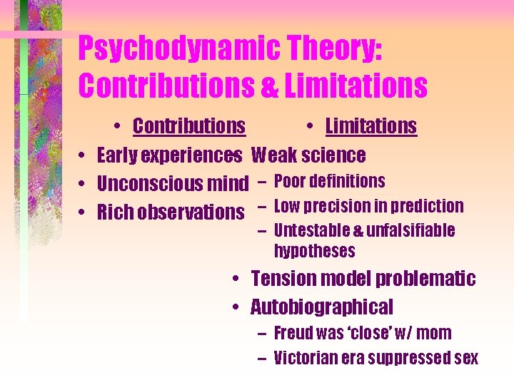 Psychodynamic Theory: Contributions & Limitations • Contributions • Limitations • Early experiences • Weak