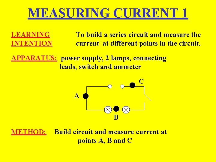 MEASURING CURRENT 1 LEARNING INTENTION To build a series circuit and measure the current