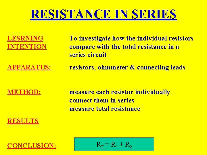 RESISTANCE IN SERIES LESRNING INTENTION To investigate how the individual resistors compare with the