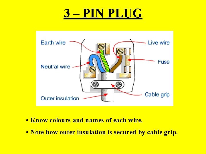 3 – PIN PLUG • Know colours and names of each wire. • Note