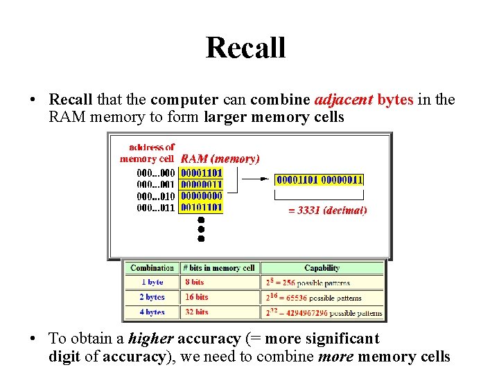 Recall • Recall that the computer can combine adjacent bytes in the RAM memory