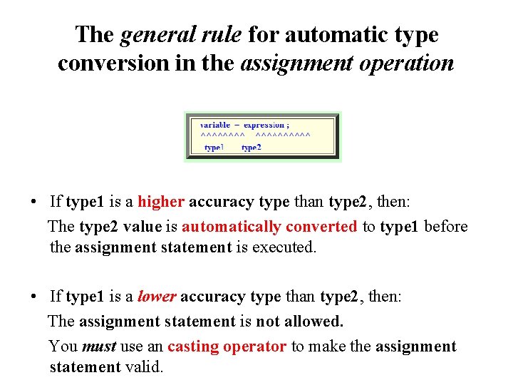 The general rule for automatic type conversion in the assignment operation • If type