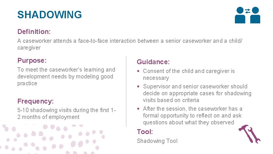 SHADOWING Definition: A caseworker attends a face-to-face interaction between a senior caseworker and a