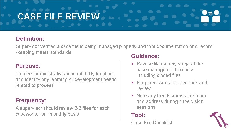 CASE FILE REVIEW Definition: Supervisor verifies a case file is being managed properly and