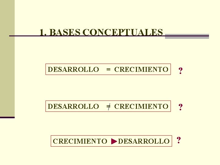 1. BASES CONCEPTUALES DESARROLLO = CRECIMIENTO ? CRECIMIENTO DESARROLLO ? 