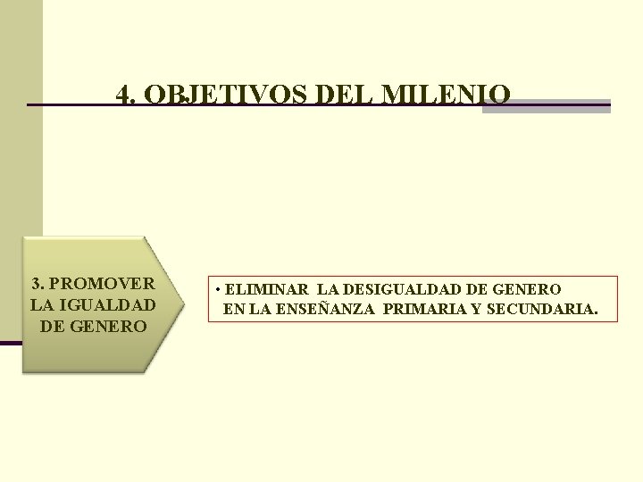 4. OBJETIVOS DEL MILENIO 3. PROMOVER LA IGUALDAD DE GENERO • ELIMINAR LA DESIGUALDAD