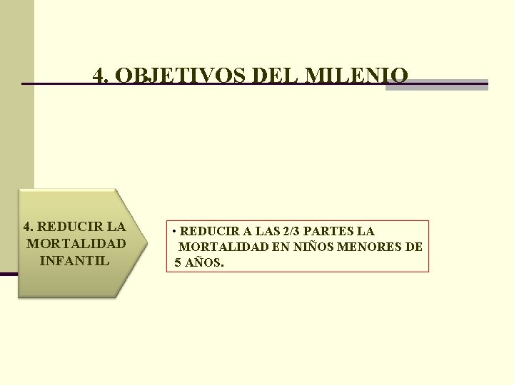 4. OBJETIVOS DEL MILENIO 4. REDUCIR LA MORTALIDAD INFANTIL • REDUCIR A LAS 2/3