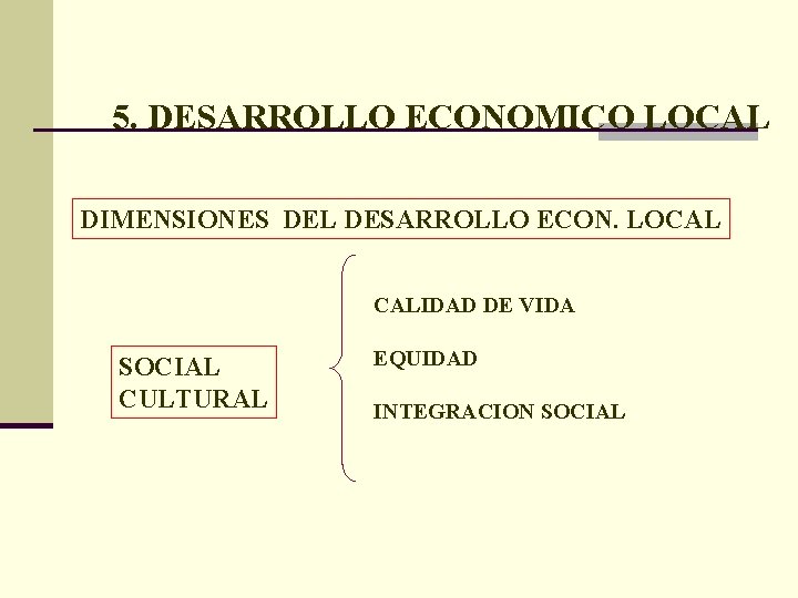 5. DESARROLLO ECONOMICO LOCAL DIMENSIONES DEL DESARROLLO ECON. LOCAL CALIDAD DE VIDA SOCIAL CULTURAL