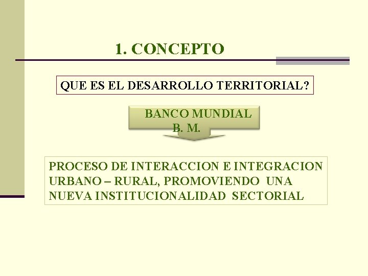 1. CONCEPTO QUE ES EL DESARROLLO TERRITORIAL? BANCO MUNDIAL B. M. PROCESO DE INTERACCION