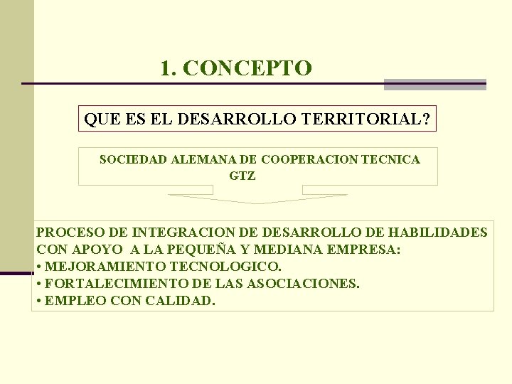 1. CONCEPTO QUE ES EL DESARROLLO TERRITORIAL? SOCIEDAD ALEMANA DE COOPERACION TECNICA GTZ PROCESO