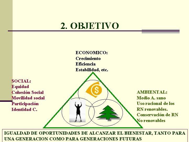 2. OBJETIVO ECONOMICO: Crecimiento Eficiencia Estabilidad, etc. SOCIAL: Equidad Cohesión Social Movilidad social Participación