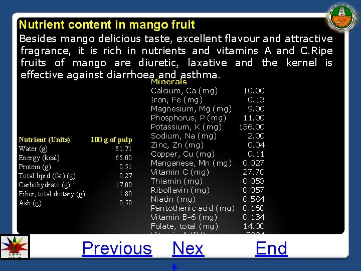 Nutrient content in mango fruit Besides mango delicious taste, excellent flavour and attractive fragrance,