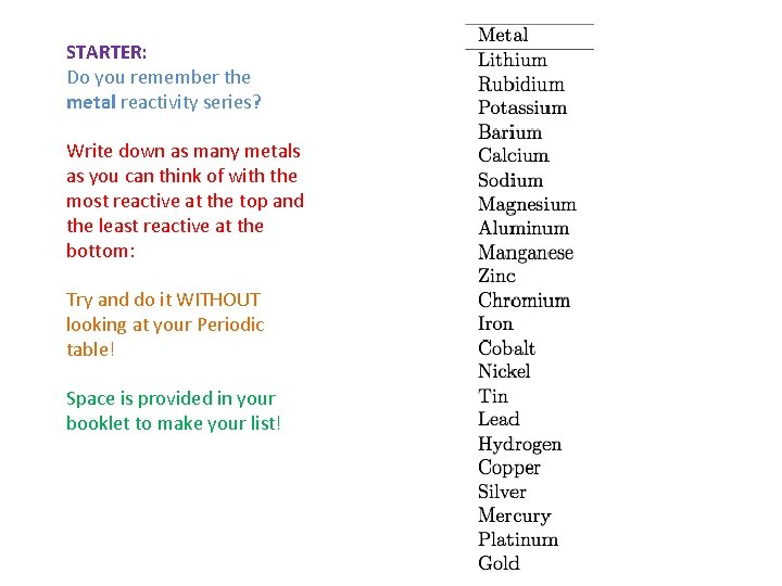 STARTER: Do you remember the metal reactivity series? Write down as many metals as