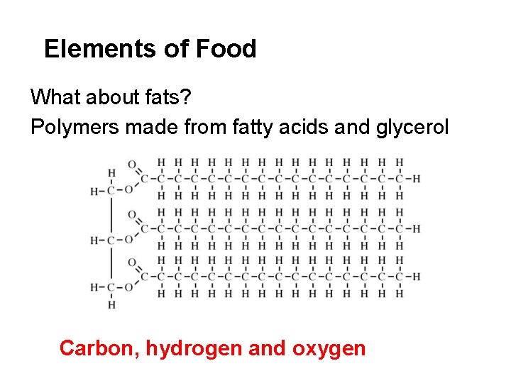 Elements of Food What about fats? Polymers made from fatty acids and glycerol Carbon,