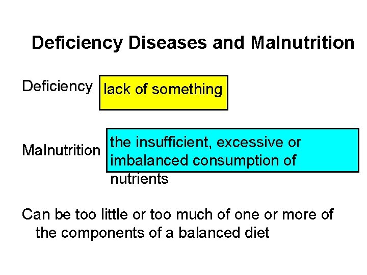 Deficiency Diseases and Malnutrition Deficiency lack of something the insufficient, excessive or Malnutrition imbalanced