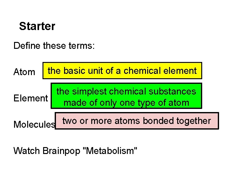 Starter Define these terms: Atom the basic unit of a chemical element the simplest