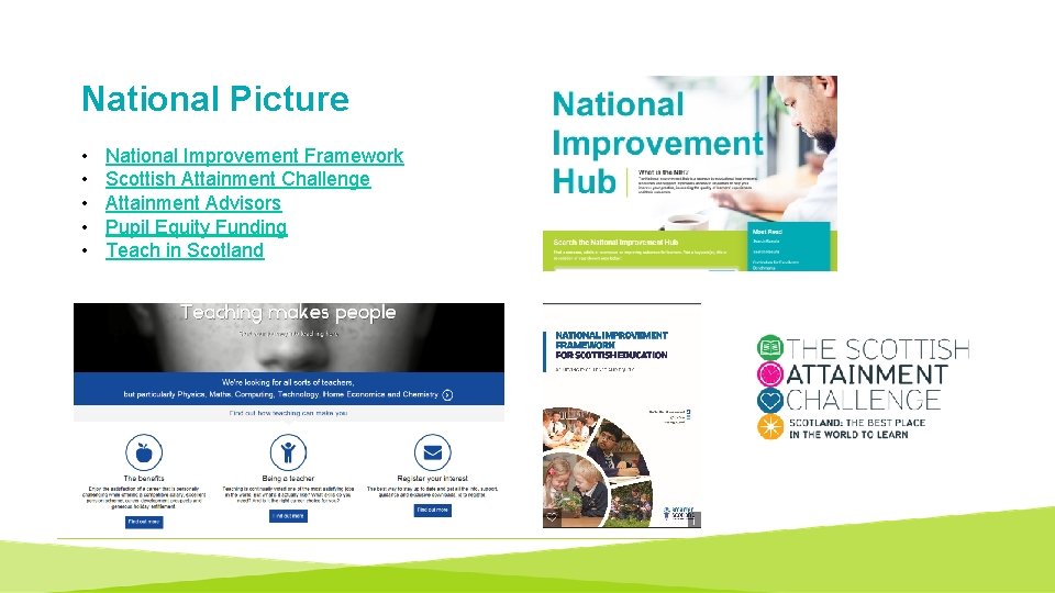 National Picture • • • National Improvement Framework Scottish Attainment Challenge Attainment Advisors Pupil