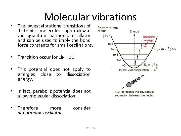 Molecular vibrations • The lowest vibrational transitions of diatomic molecules approximate the quantum harmonic