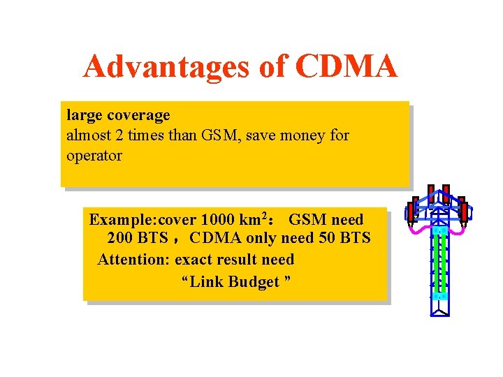 Advantages of CDMA large coverage almost 2 times than GSM, save money for operator Advantages of CDMA large coverage almost 2 times than GSM, save money for operator