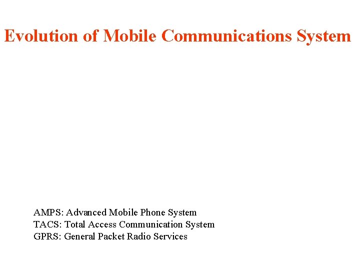 Evolution of Mobile Communications System AMPS: Advanced Mobile Phone System TACS: Total Access Communication Evolution of Mobile Communications System AMPS: Advanced Mobile Phone System TACS: Total Access Communication