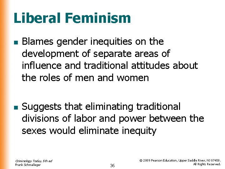Liberal Feminism n n Blames gender inequities on the development of separate areas of