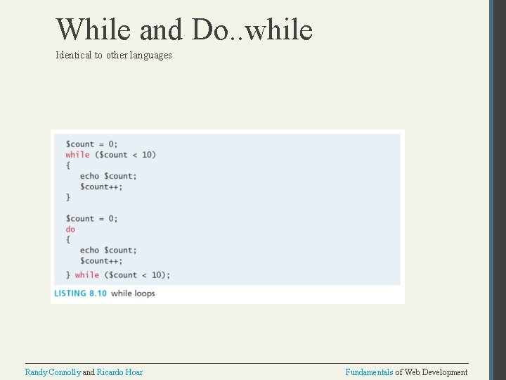 While and Do. . while Identical to other languages Randy Connolly and Ricardo Hoar