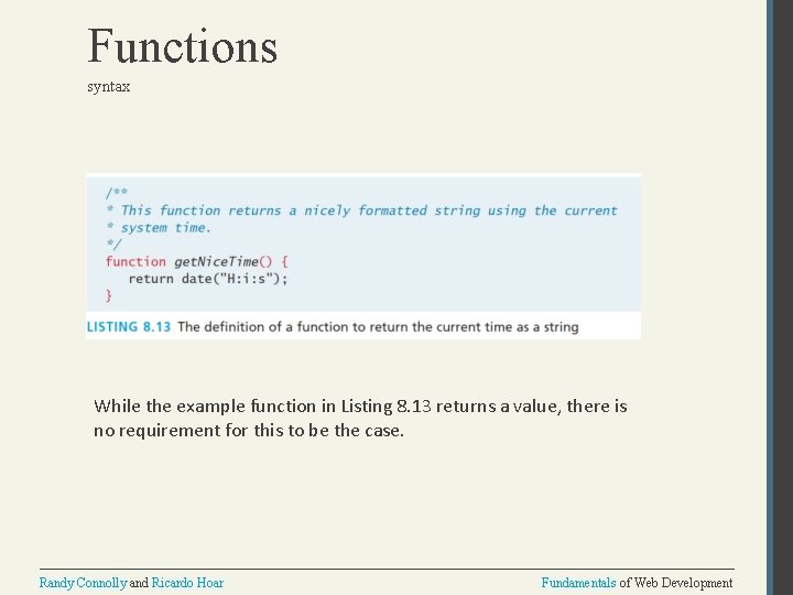 Functions syntax While the example function in Listing 8. 13 returns a value, there