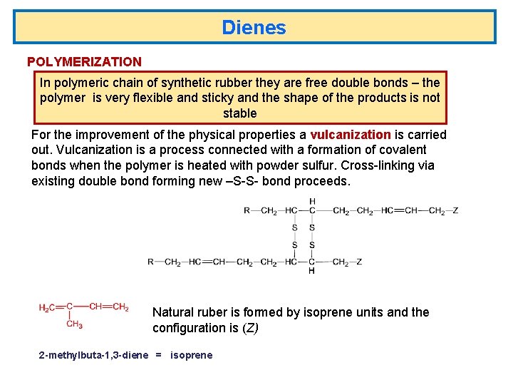 Dienes POLYMERIZATION In polymeric chain of synthetic rubber they are free double bonds –