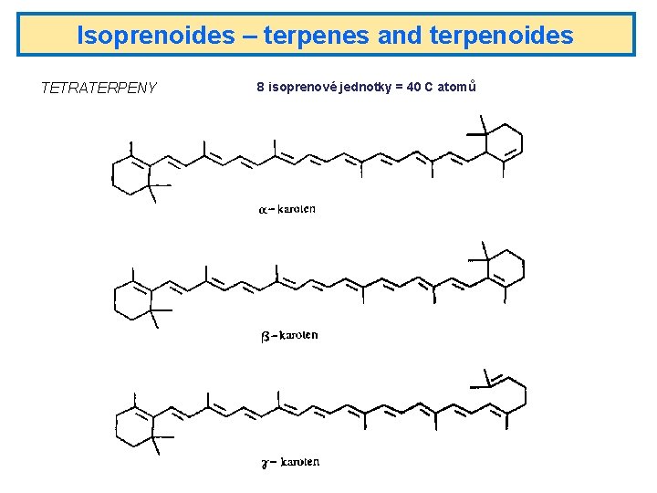 Isoprenoides – terpenes and terpenoides TETRATERPENY 8 isoprenové jednotky = 40 C atomů 
