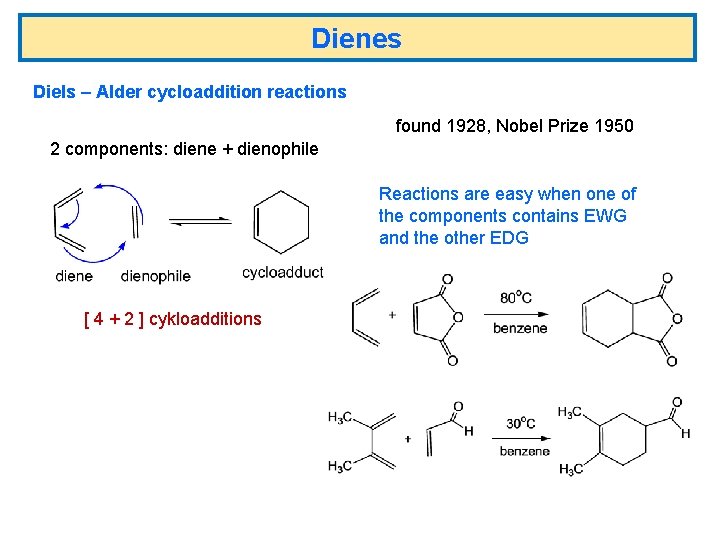 Dienes Diels – Alder cycloaddition reactions found 1928, Nobel Prize 1950 2 components: diene