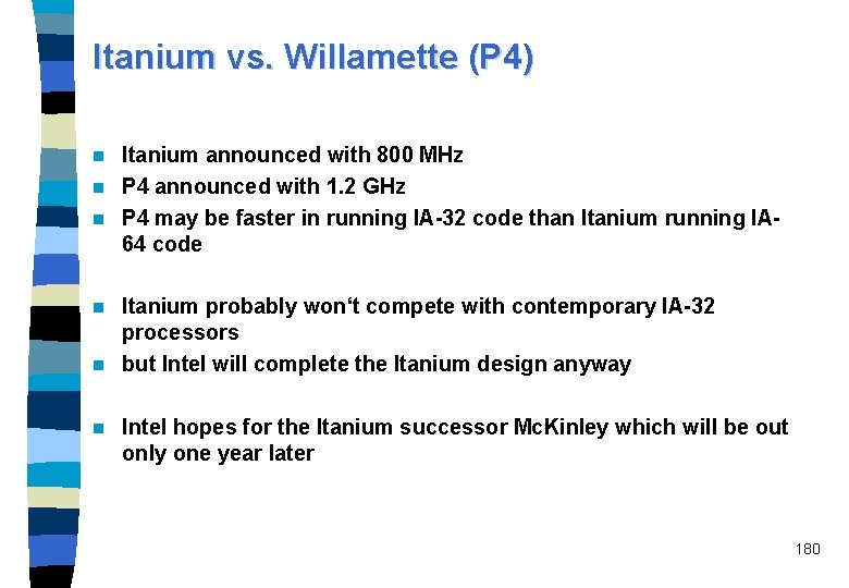 Itanium vs. Willamette (P 4) Itanium announced with 800 MHz n P 4 announced