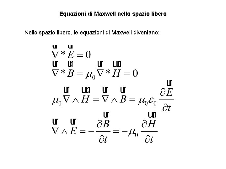 Equazioni di Maxwell nello spazio libero Nello spazio libero, le equazioni di Maxwell diventano: