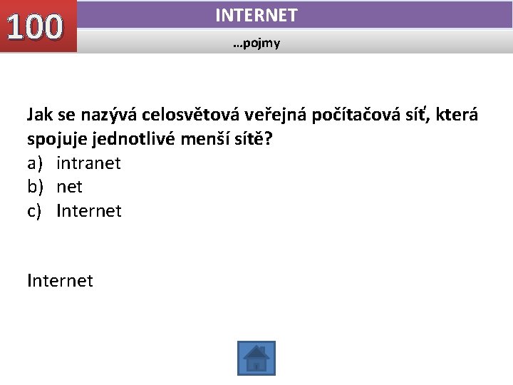 100 INTERNET …pojmy Jak se nazývá celosvětová veřejná počítačová síť, která spojuje jednotlivé menší