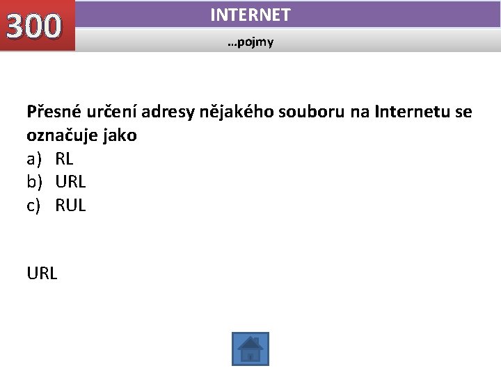 300 INTERNET …pojmy Přesné určení adresy nějakého souboru na Internetu se označuje jako a)