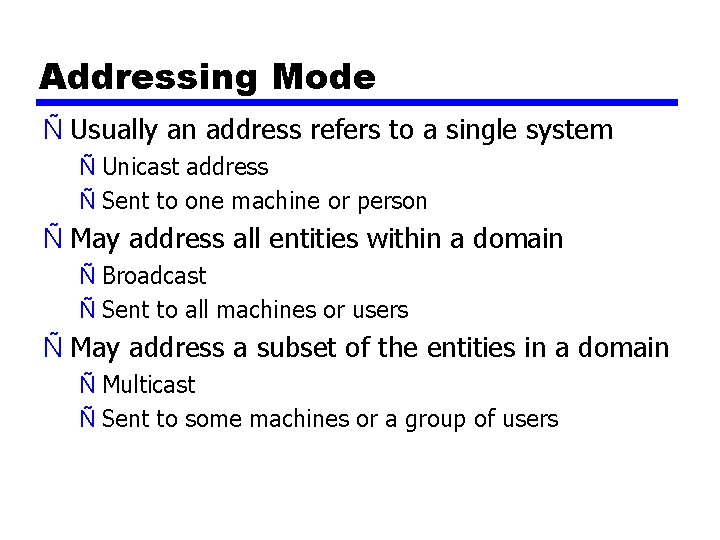 Addressing Mode Ñ Usually an address refers to a single system Ñ Unicast address