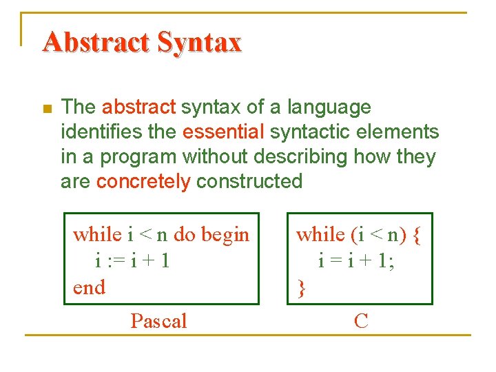 Abstract Syntax n The abstract syntax of a language identifies the essential syntactic elements