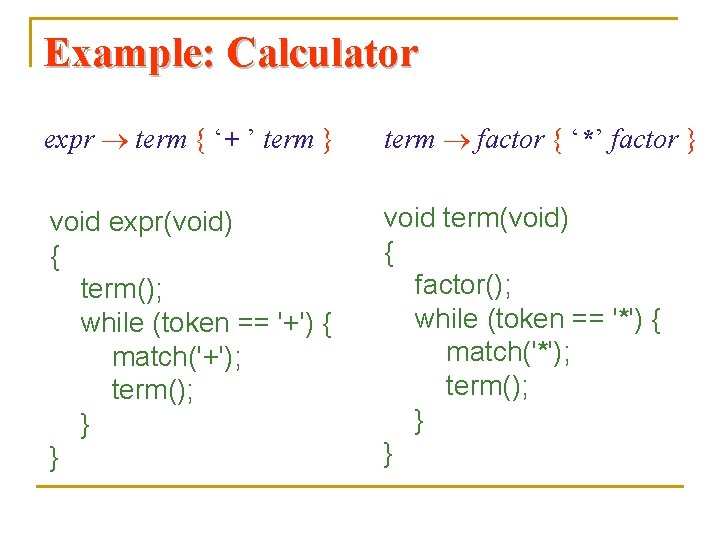 Example: Calculator expr term { ‘+ ’ term } term factor { ‘*’ factor