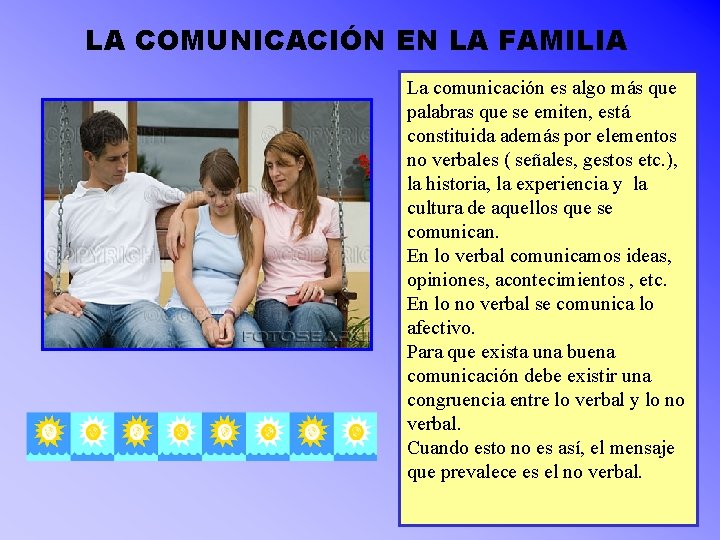 LA COMUNICACIÓN EN LA FAMILIA La comunicación es algo más que palabras que se