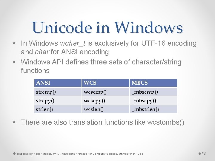 Unicode in Windows • In Windows wchar_t is exclusively for UTF-16 encoding and char