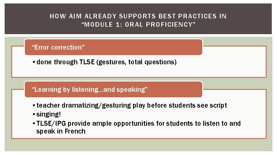 HOW AIM ALREADY SUPPORTS BEST PRACTICES IN “MODULE 1: ORAL PROFICIENCY” “Error correction” •