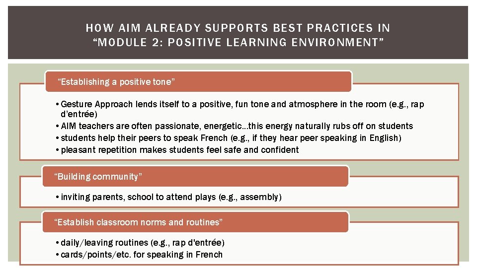 HOW AIM ALREADY SUPPORTS BEST PRACTICES IN “MODULE 2: POSITIVE LEARNING ENVIRONMENT” “Establishing a