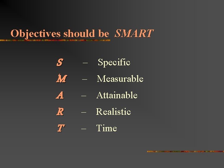 Objectives should be SMART S M A R T – Specific – Measurable –