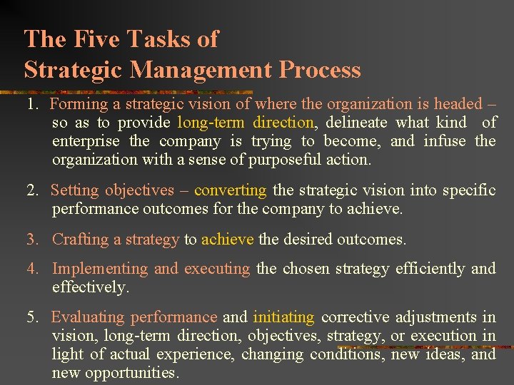 The Five Tasks of Strategic Management Process 1. Forming a strategic vision of where