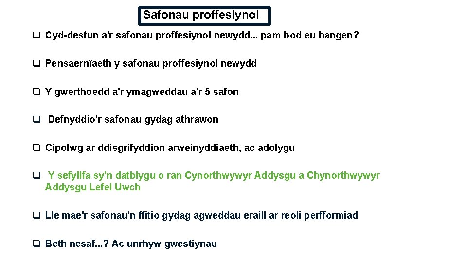 Safonau proffesiynol q Cyd-destun a'r safonau proffesiynol newydd. . . pam bod eu hangen?