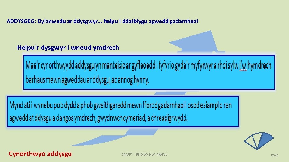 ADDYSGEG: Dylanwadu ar ddysgwyr. . . helpu i ddatblygu agwedd gadarnhaol Helpu'r dysgwyr i