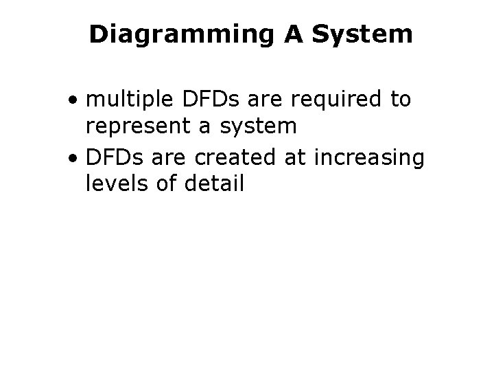 Diagramming A System • multiple DFDs are required to represent a system • DFDs Diagramming A System • multiple DFDs are required to represent a system • DFDs