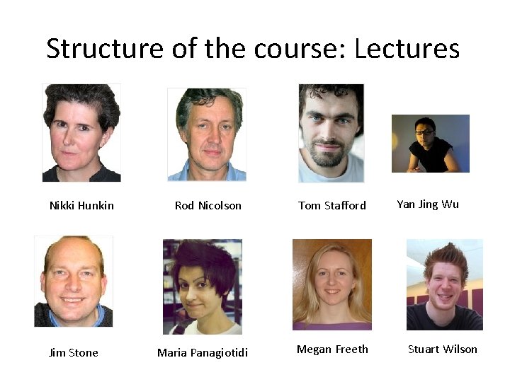 Structure of the course: Lectures Nikki Hunkin Jim Stone Rod Nicolson Maria Panagiotidi Tom